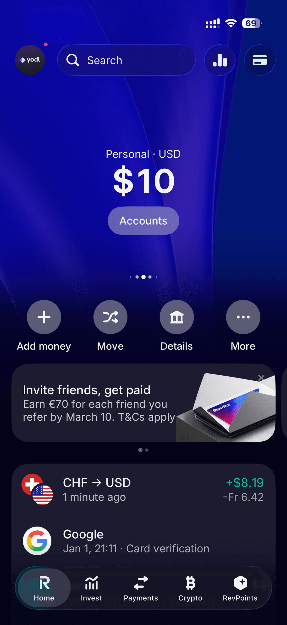 Revolut home screen showing balance