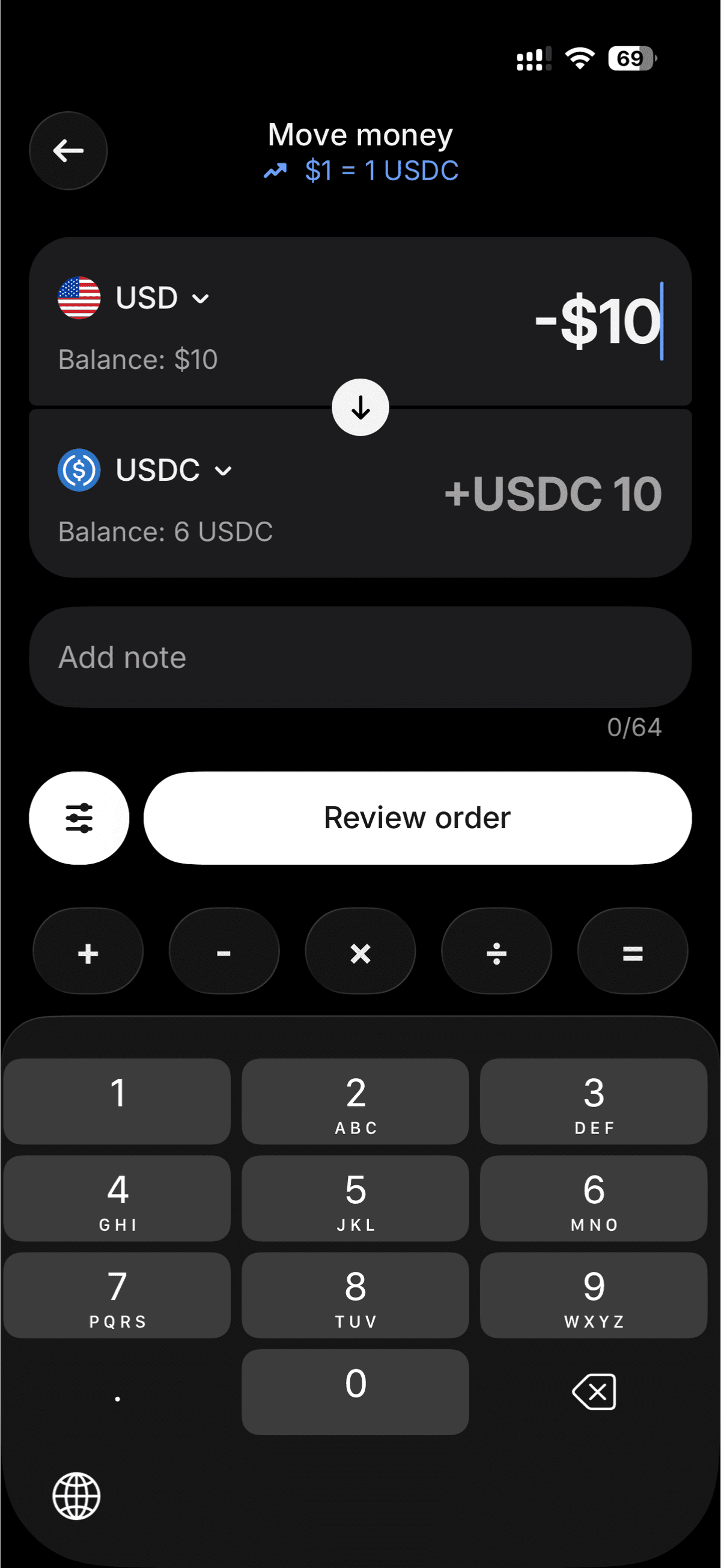 Move money screen — USD to USDC conversion