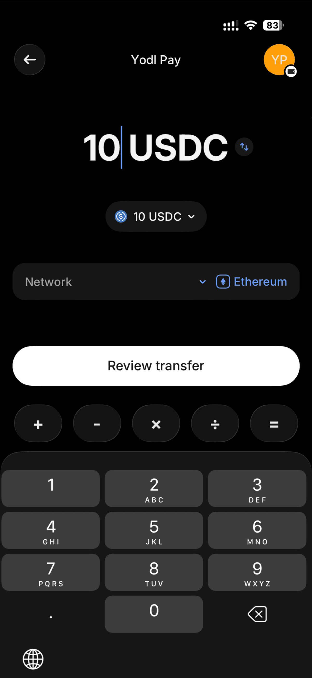 Transfer screen showing ETH — tap to change to USDC