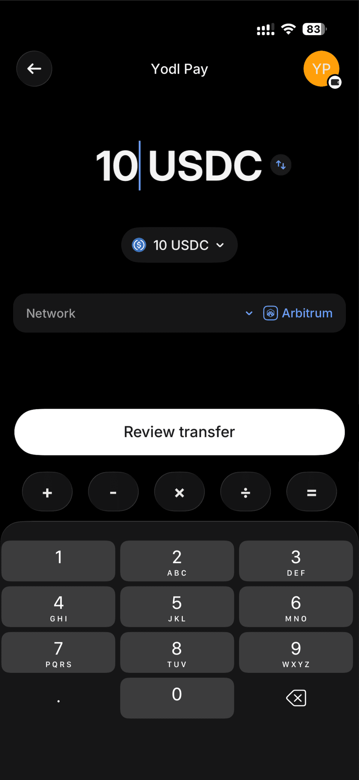 Network selection showing Arbitrum selected
