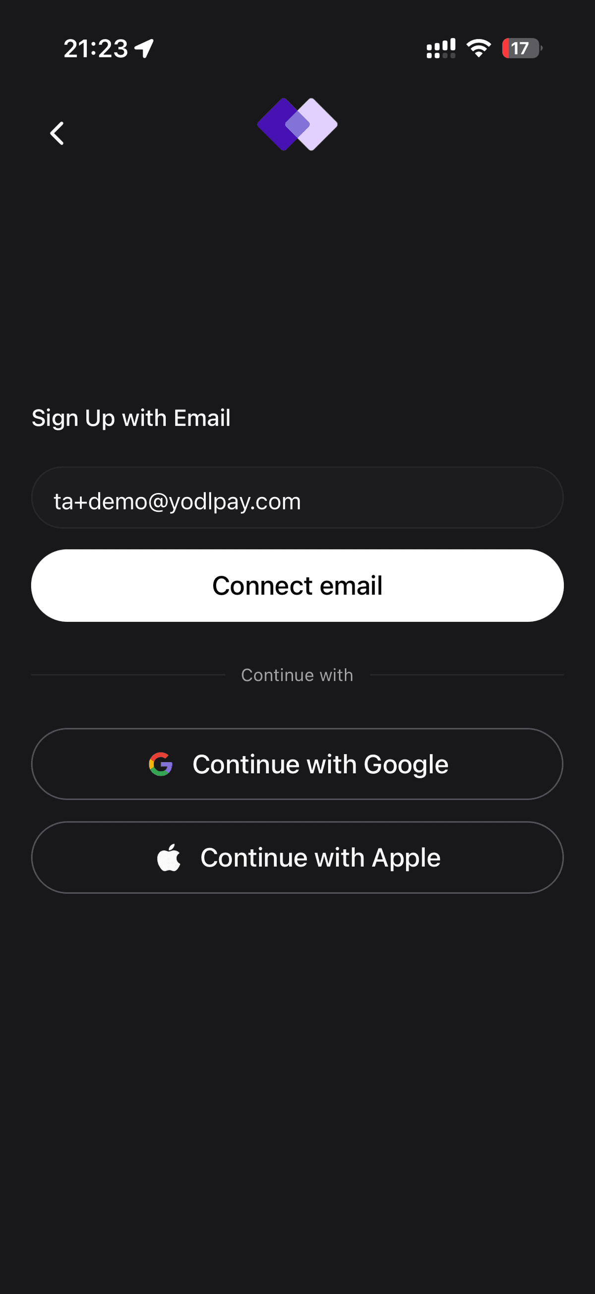 Email entry screen