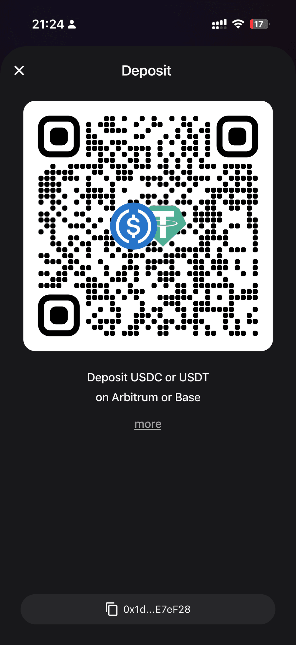 Deposit screen with address and QR code