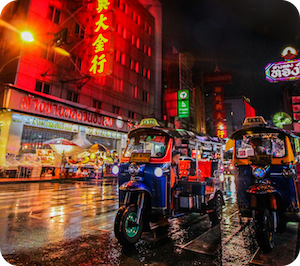 Night city street with neon lights