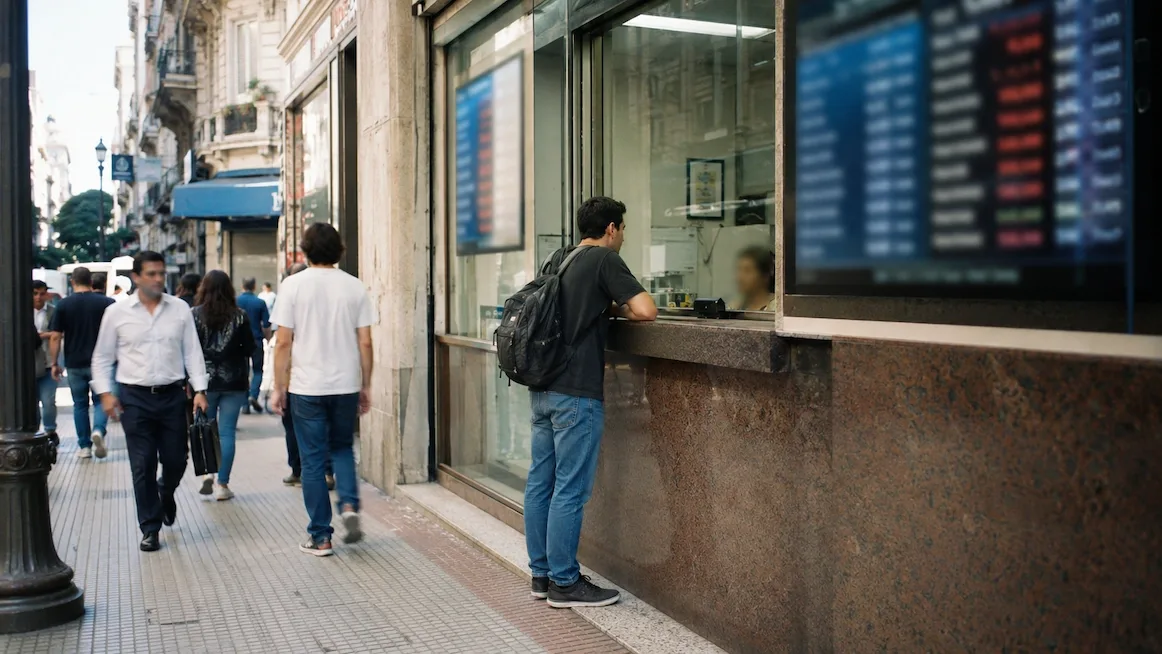 A man leans at the window of a downtown Buenos Aires casa de cambio on a busy sidewalk
