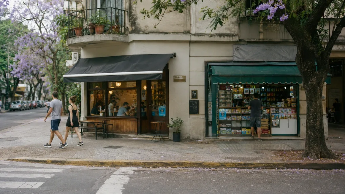 A Buenos Aires street corner where a café and a corner kiosco sit side by side under a jacaranda tree, a couple walking past