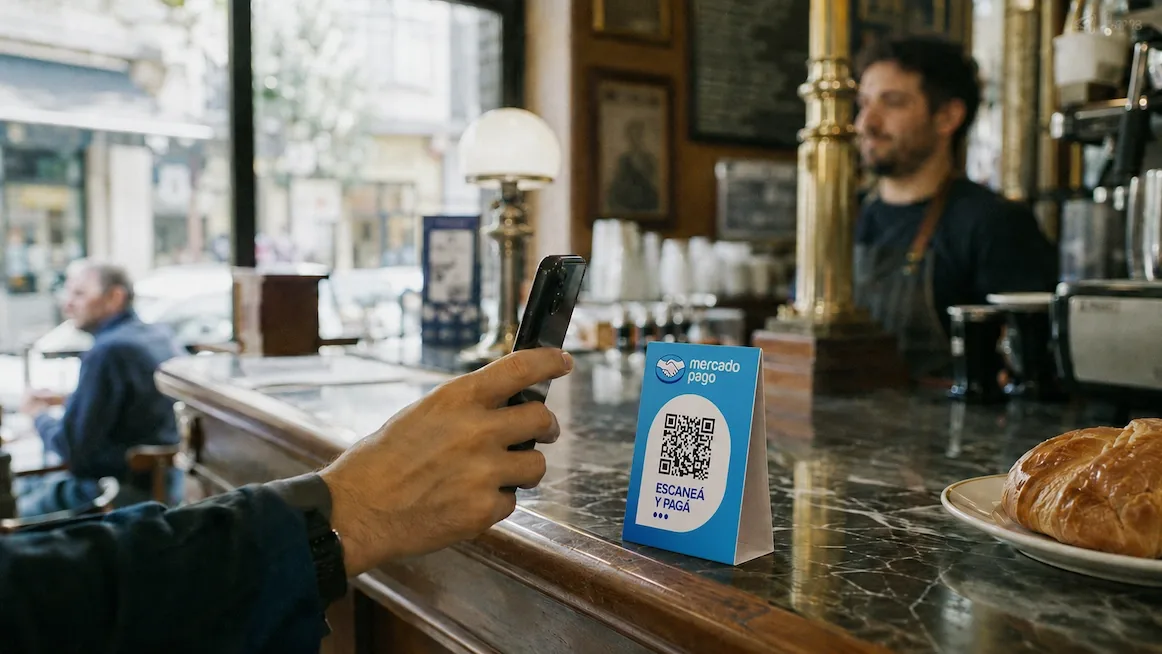 A customer holds a phone up to a blue Mercado Pago QR standee on the marble counter of a classic Buenos Aires café, a barista behind the bar
