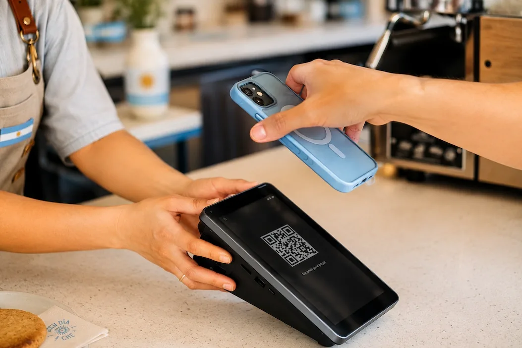 A customer scans a QR code with their phone at a cafe counter