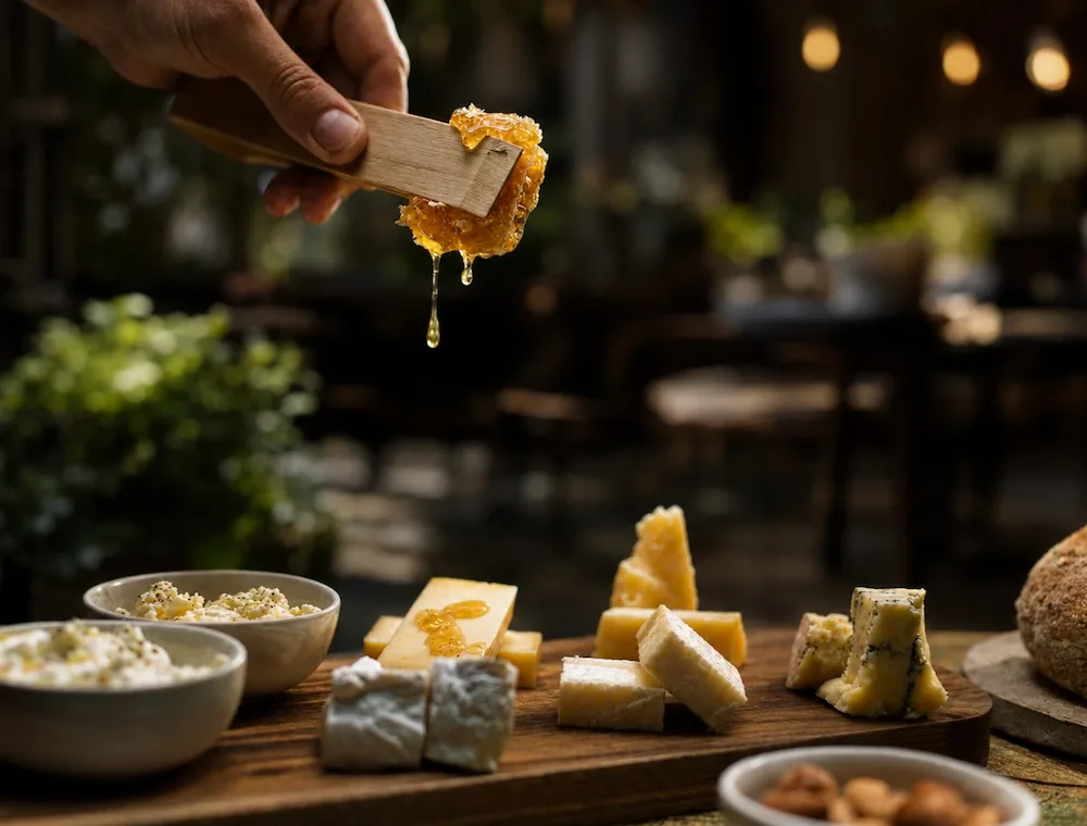 A hand drizzling honeycomb over a cheese board — wedges of blue, aged, and soft cheeses with bowls of fresh ricotta and nuts on a wooden board, a candlelit garden blurred behind.
