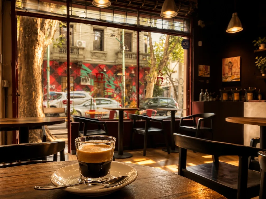 An espresso in a glass on a saucer on a wooden cafe table, looking through a tall window onto a leafy Palermo street with a red-and-green mural across the way.