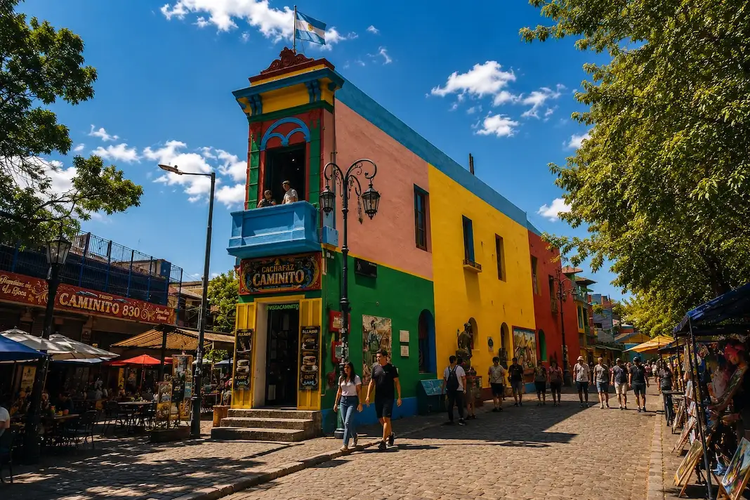 Caminito's brightly painted corner building in La Boca, Buenos Aires, with visitors on the cobblestones below.