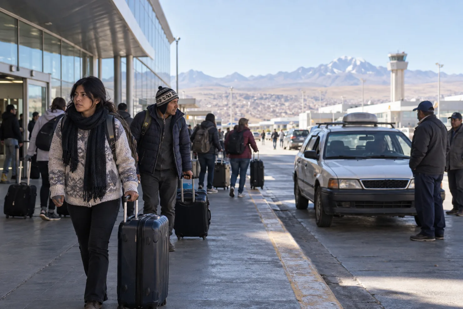 Travelers with bags at the curb outside El Alto airport in flat plateau light, a taxi soft behind them and the control tower beyond