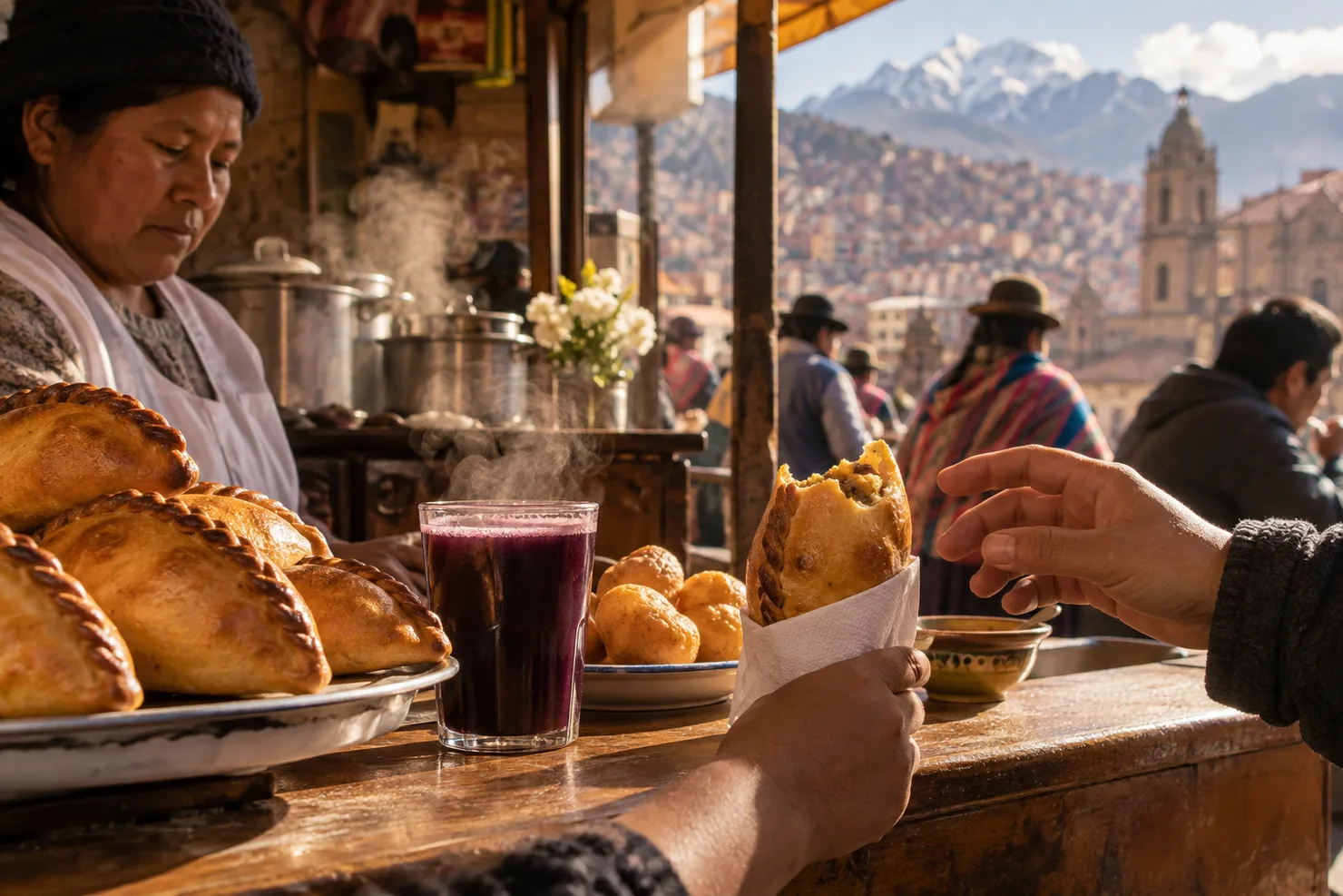 Salteñas on a market counter, one bitten open in a customer's hand, a glass of api and a plate of buñuelos beside them