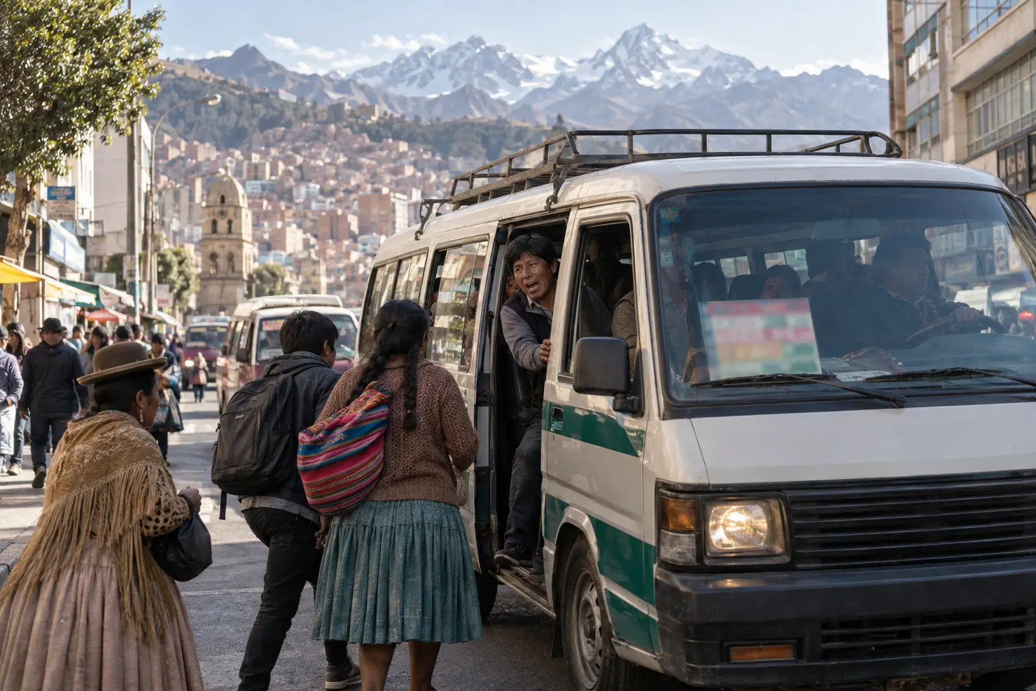 A minibus on a busy avenue, the voceador leaning out of the sliding door, the destination card on the windshield unreadable