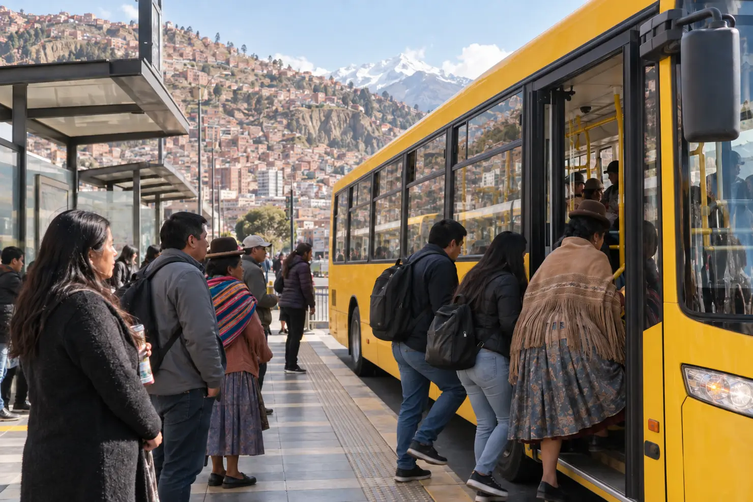 A yellow PumaKatari bus at a marked stop, riders boarding, the hillside behind
