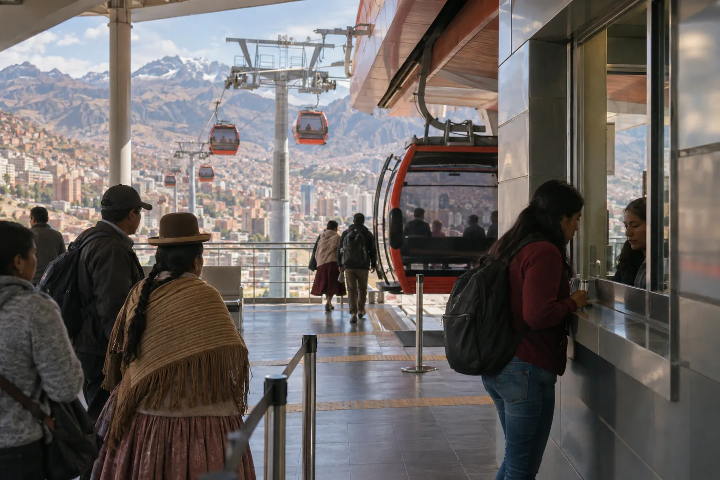 A Mi Teleférico station platform, a rider at the ticket window and cabins arriving one after another