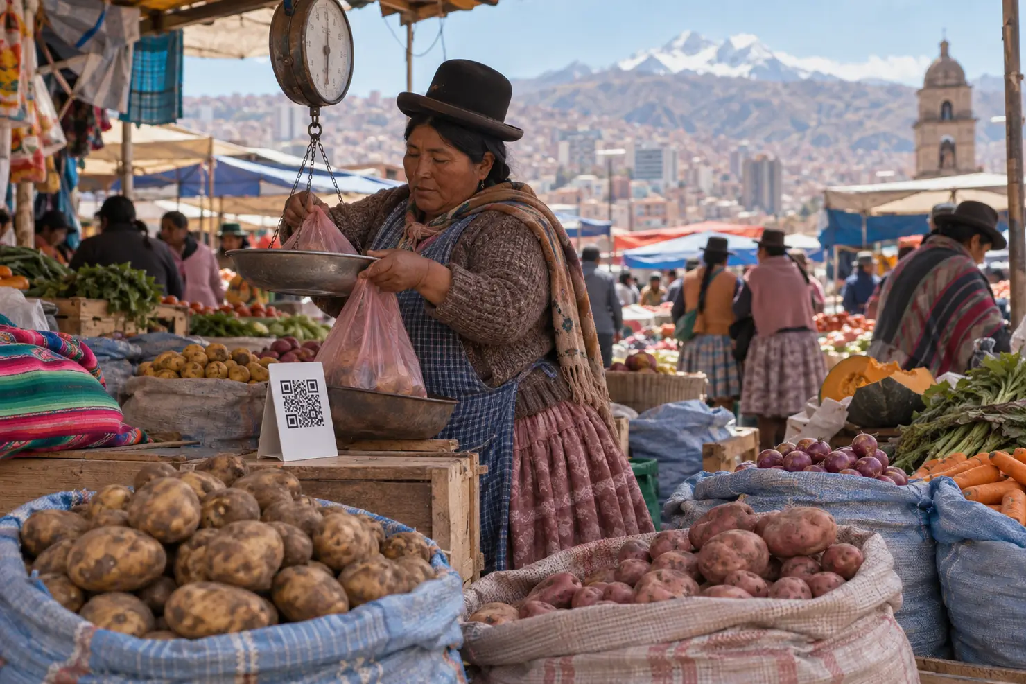 A printed QR standee on a market potato stall, the vendor weighing a bag behind it