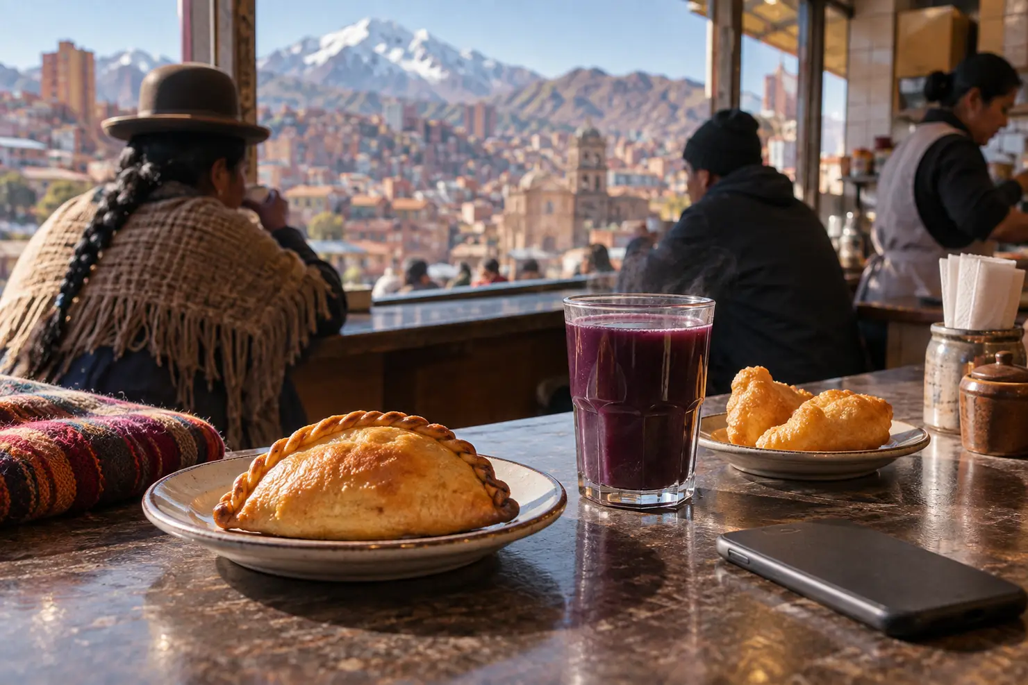 A salteña, a glass of api and a plate of buñuelos on a counter, a phone face-down beside them