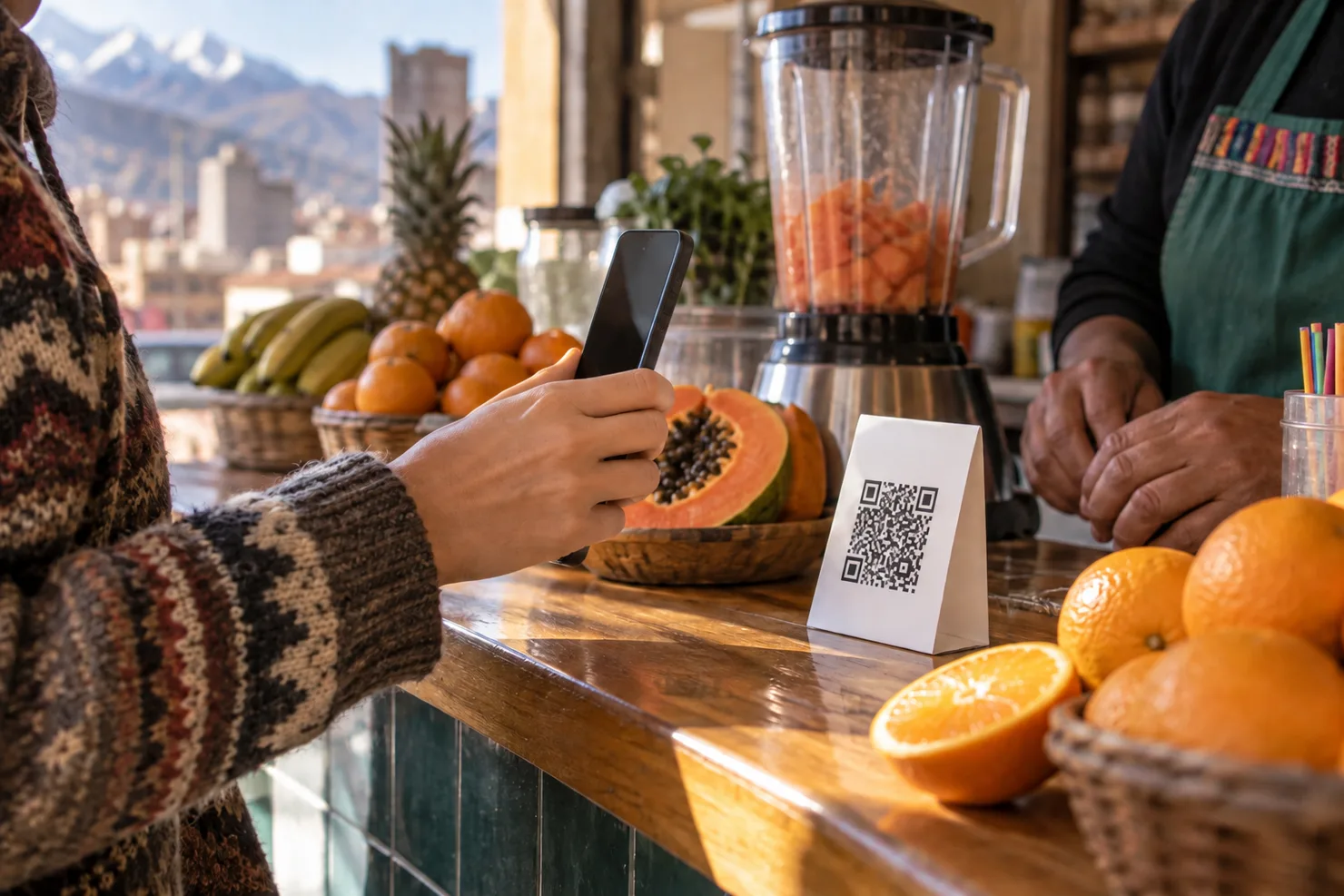A customer raising a phone to a QR standee on a juice-bar counter, papaya and oranges beside it, the screen turned away