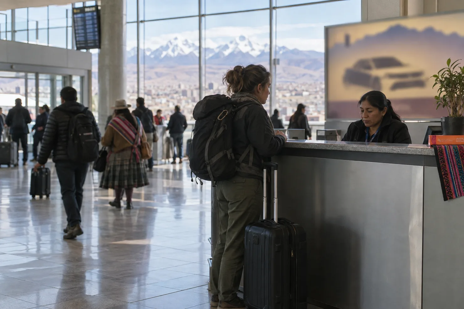 A traveler with a suitcase at the radio-taxi desk inside the terminal, the desk sign soft and unreadable