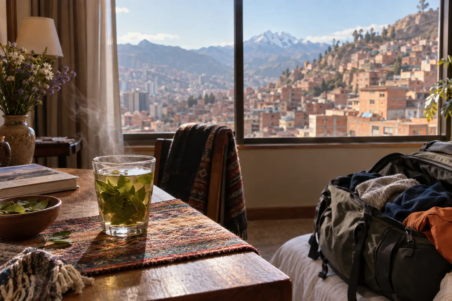 A glass of coca tea on a hotel-room table, a window on the brick hillsides beyond