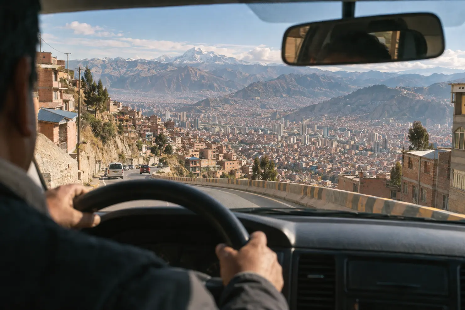 The road dropping from the El Alto rim into the bowl of La Paz, seen through a car window, the city opening below