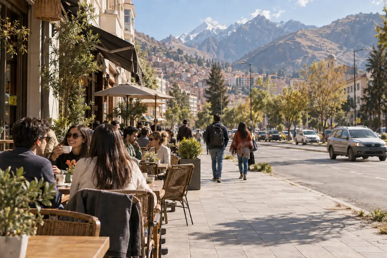 Av. Montenegro in San Miguel, wide and flat, café terraces and the southern hills behind