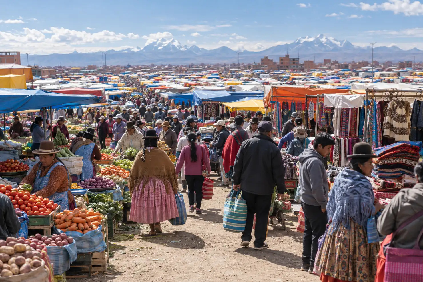 The Feria 16 de Julio in El Alto, stalls to the horizon under the plateau sky, shoppers with bags