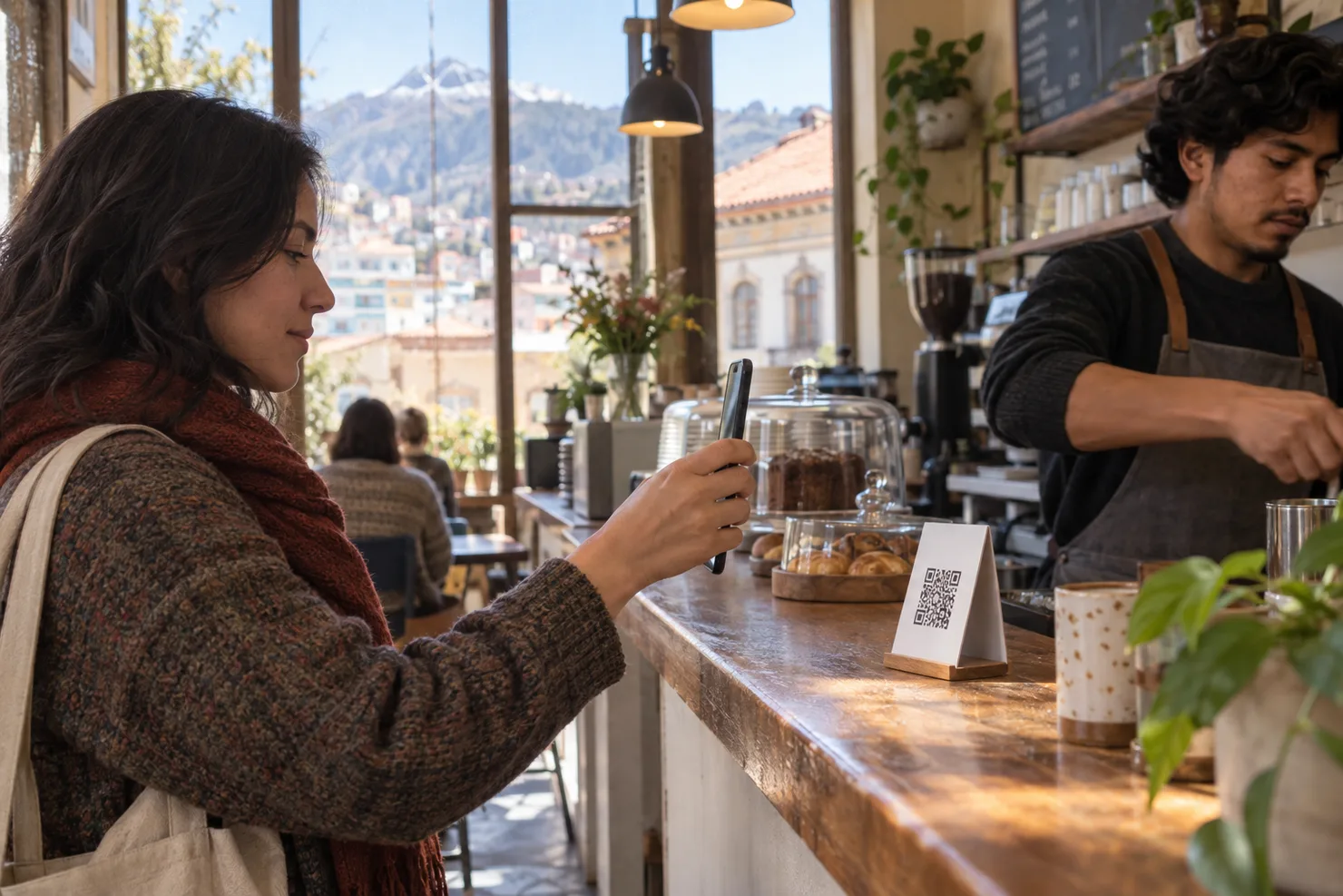 A hand raising a phone to a QR standee on a Sopocachi café counter, the screen turned away