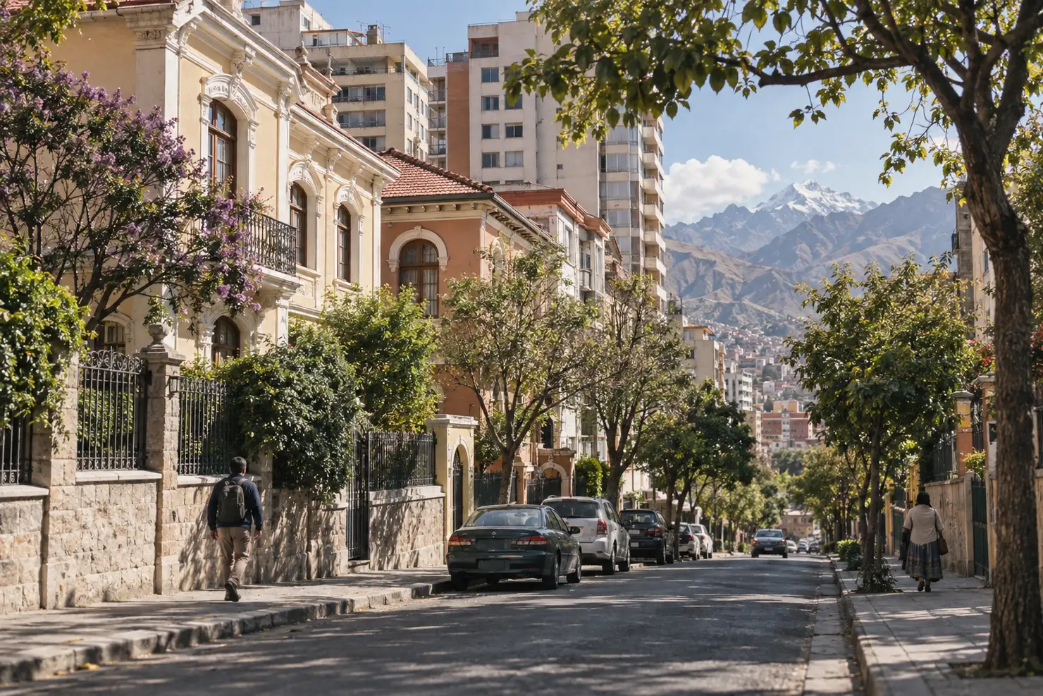 A leafy Sopocachi street off Plaza Abaroa, colonial mansions beside apartment towers and the mountains at the end of the avenue
