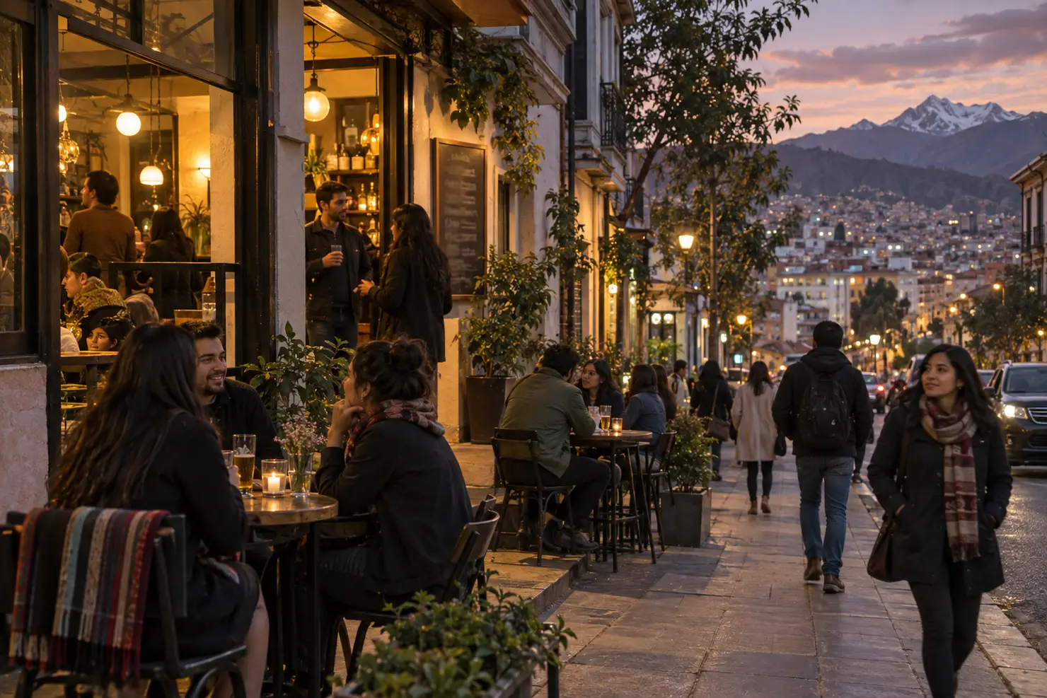 A bar frontage on a La Paz street at dusk, pendant lamps and a chalkboard menu glowing inside, people at the sidewalk tables with beers and a candle, others walking past under the street lamps, and the road running downhill to the lit hillsides and a snow-capped peak beyond.