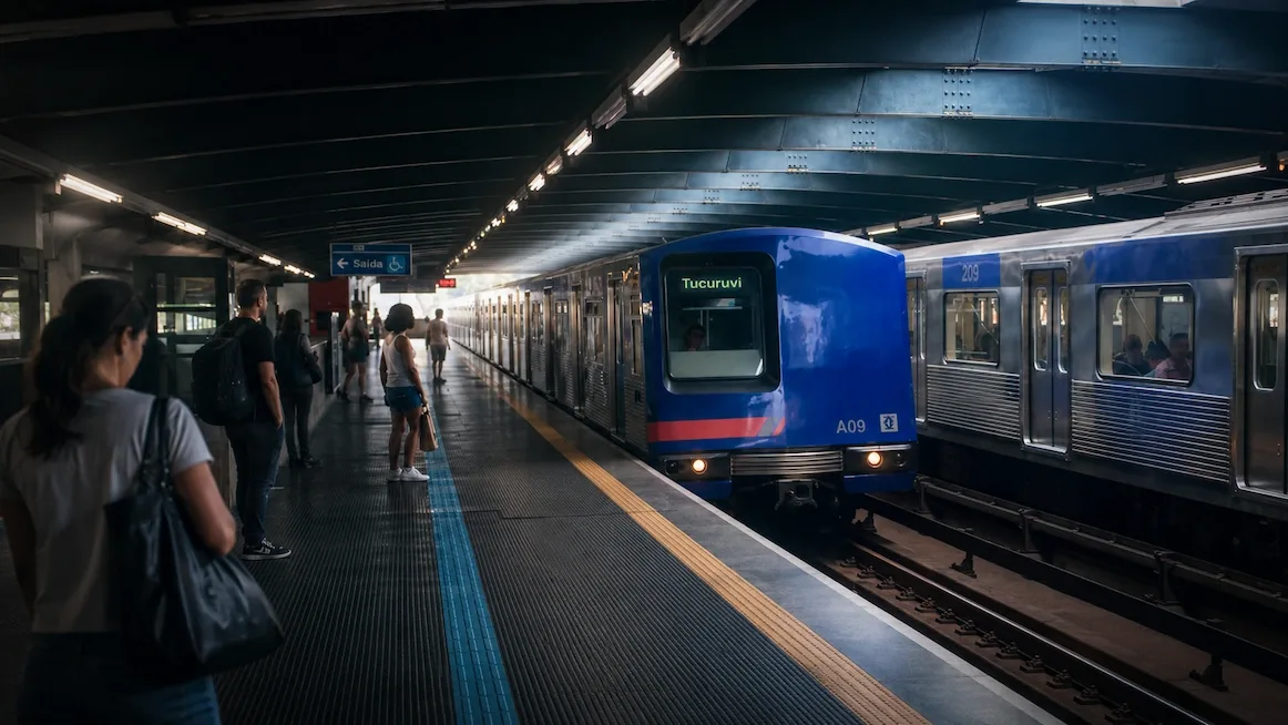 A blue Sao Paulo Metro Line 1 train signed for Tucuruvi arriving at a platform as riders wait.
