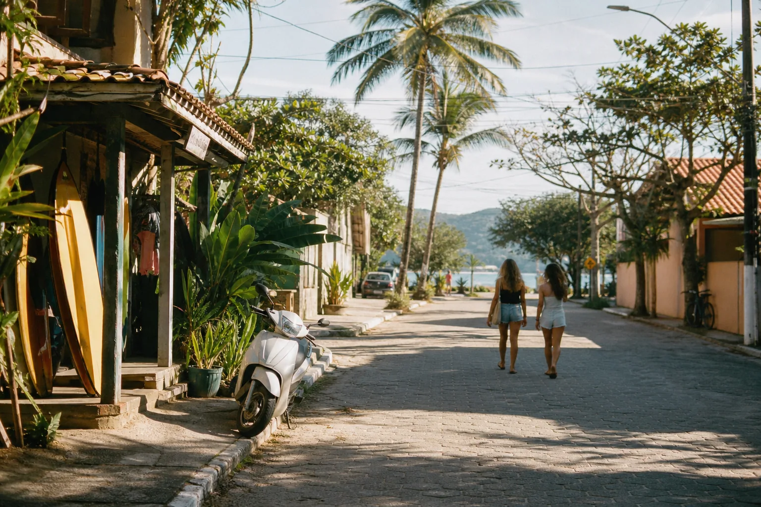 A quiet Florianopolis beach town street with low buildings, palm trees, and a scooter parked at the curb