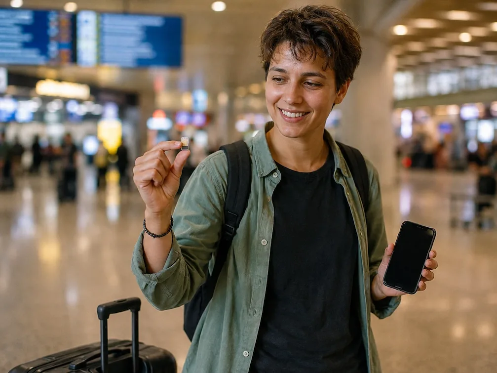 A traveler in an airport arrivals hall holding a new SIM card and their phone, luggage beside them
