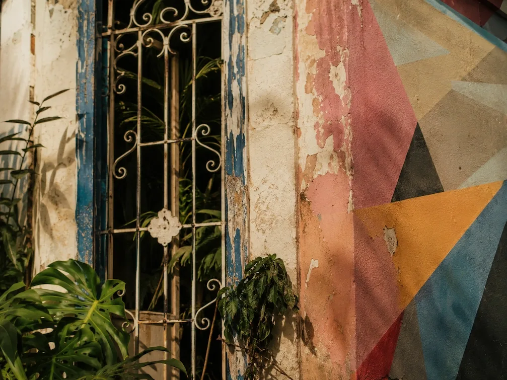 A Sao Paulo street corner where a colorful mural meets an old iron-grilled facade and plants