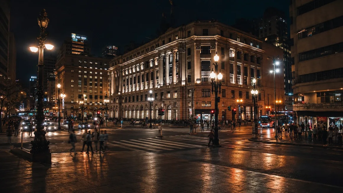 A lit historic corner building in central São Paulo at night