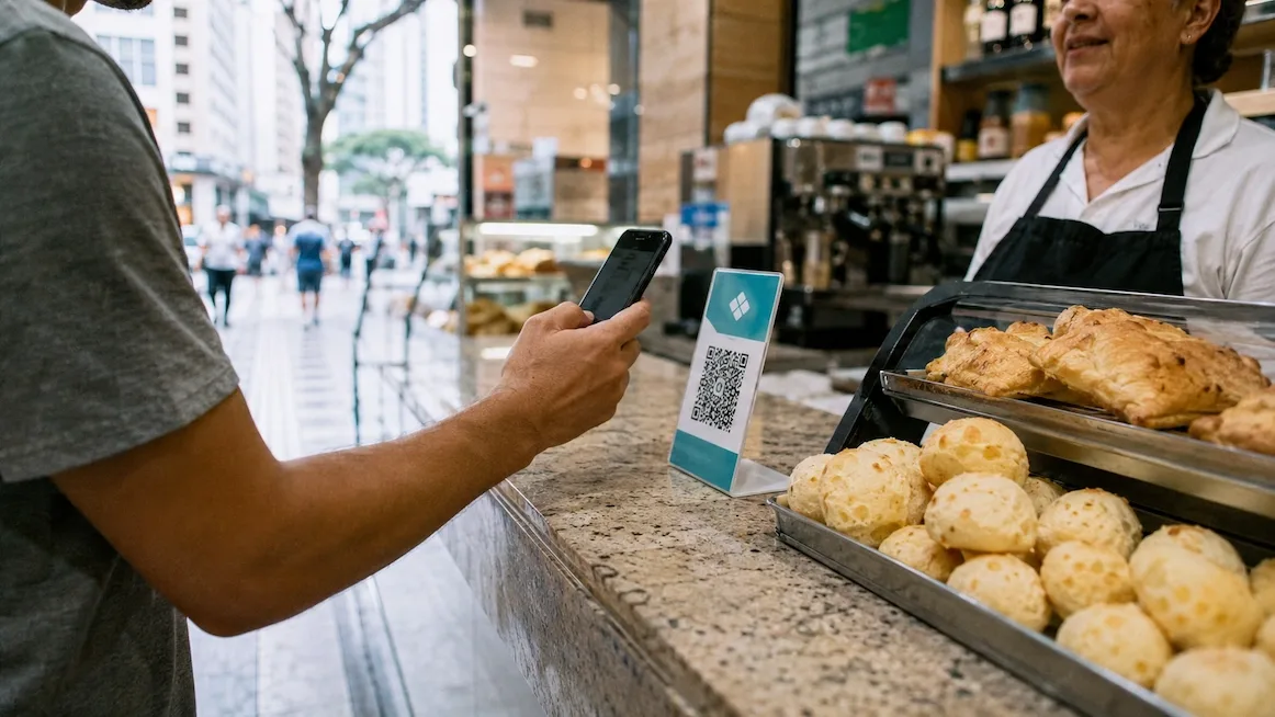 A customer holds a phone up to a teal QR-code standee on the counter of a São Paulo padaria, an apron-wearing attendant and trays of pão de queijo behind