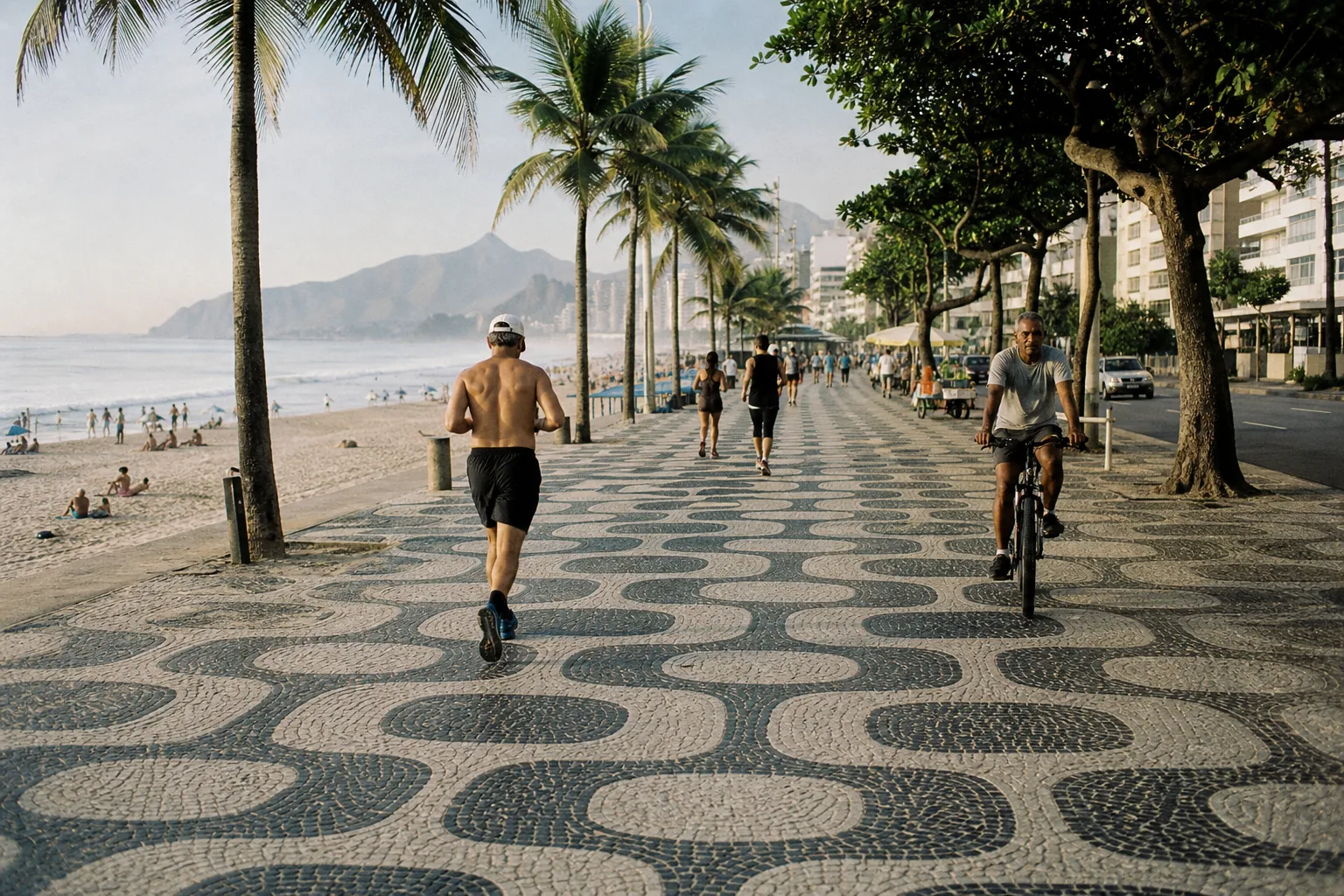 The wave-pattern mosaic promenade along Ipanema beach in Rio de Janeiro, joggers and cyclists passing in the morning light