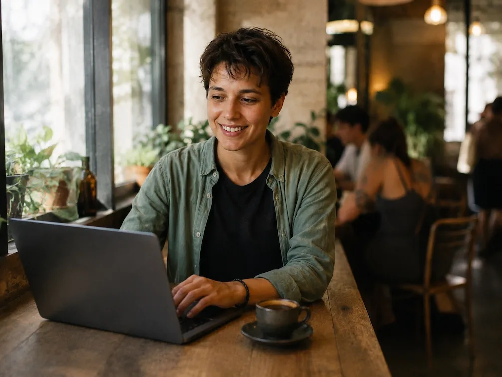 A person works on a laptop in a plant-filled Pinheiros cafe, warm daylight through the windows