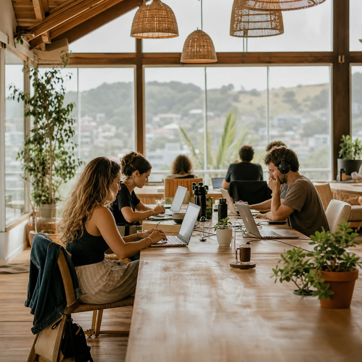 Laptop workers at a shared wooden desk inside a bright Florianopolis coworking space, large windows behind them