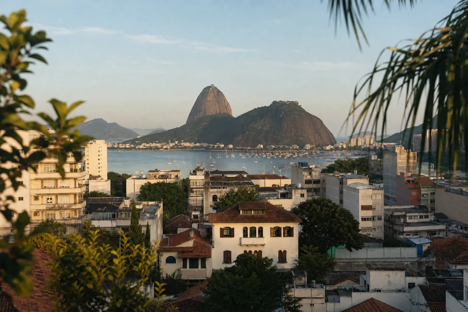 A view across Botafogo's rooftops toward Sugarloaf mountain in late afternoon light
