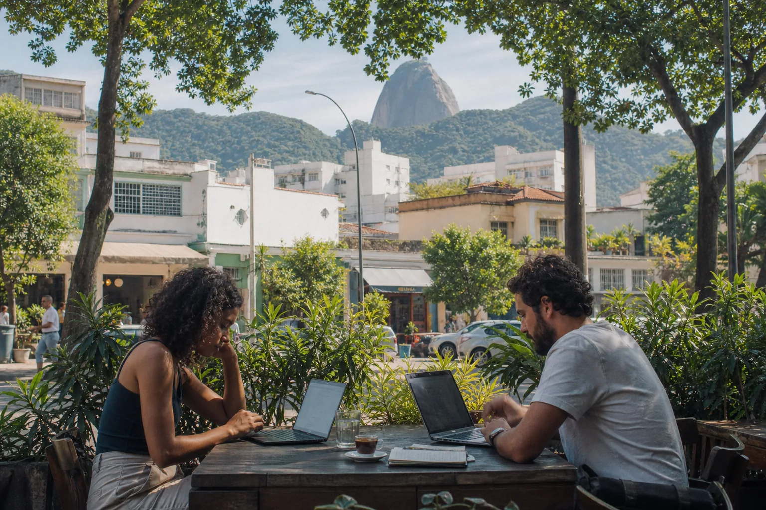 Laptop workers at an outdoor café table on a leafy Botafogo street in Rio de Janeiro, green hills visible behind the buildings