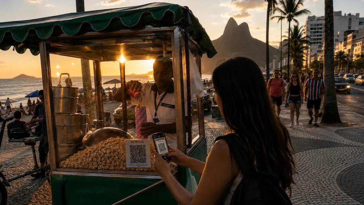 Scanning a Pix QR at a popcorn cart on the Ipanema beachfront