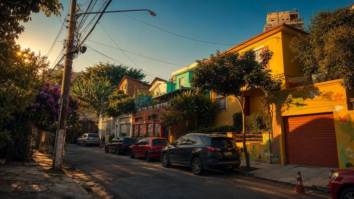 A row of colorfully painted low-rise houses on a quiet Sao Paulo street at golden hour.