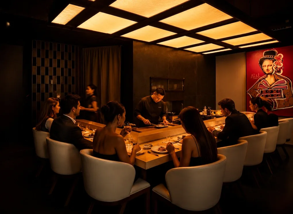 A dim omakase counter where a chef in black plates a course at a blond-wood bar, guests seated in pale leather chairs around it under a grid of warm backlit ceiling panels, a red portrait panel on the wall.