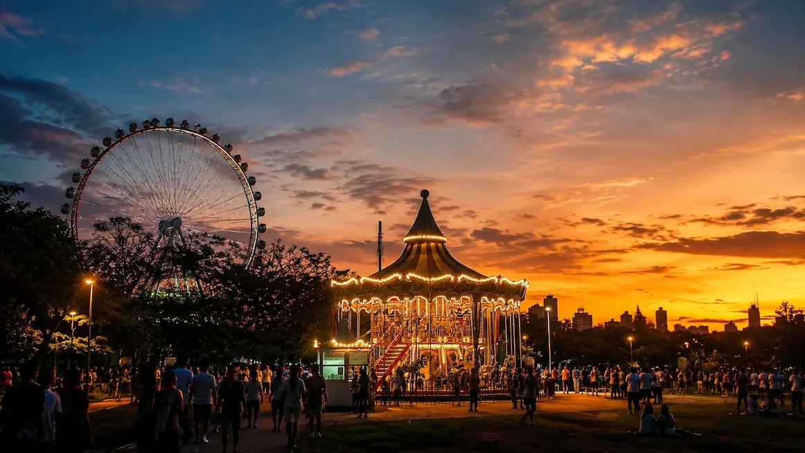 A Ferris wheel and a lit carousel in Parque Villa-Lobos at sunset, crowds walking the park paths, the São Paulo skyline in silhouette against an orange sky.