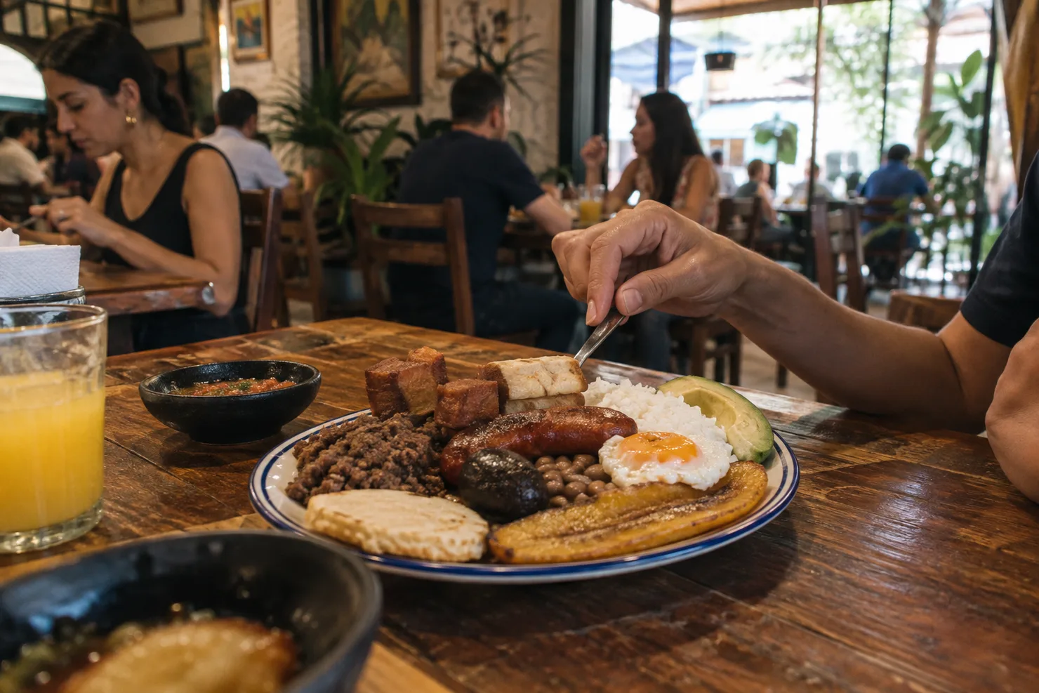A bandeja paisa on a Laureles restaurant table, beans, rice, chicharrón, egg and arepa on one plate