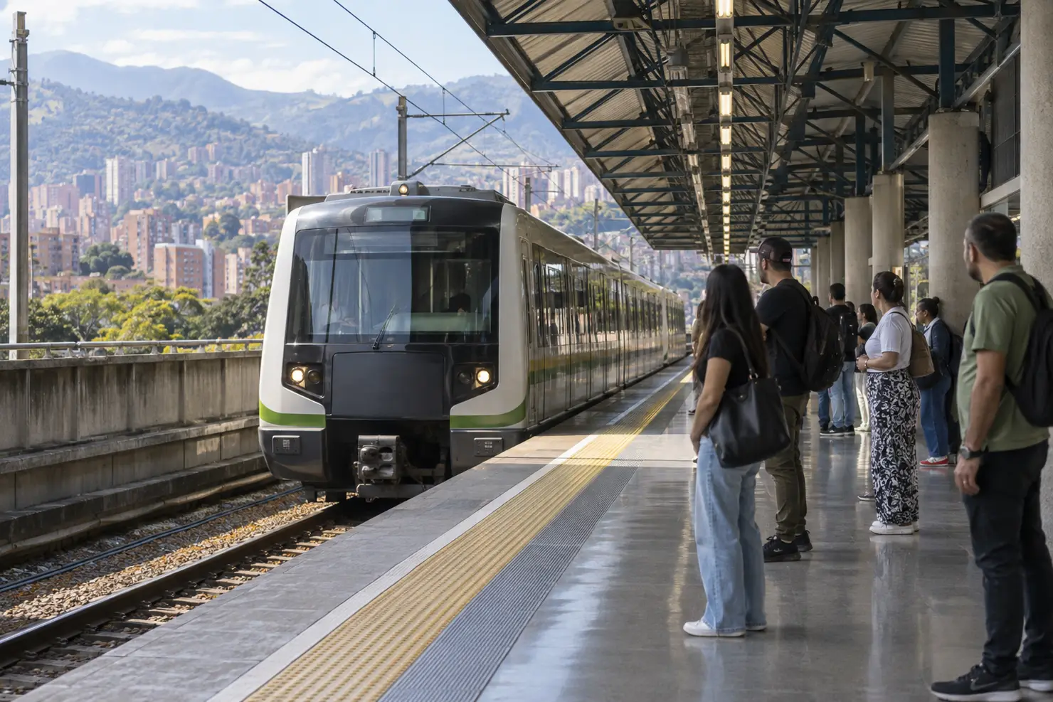 A Line A train pulling into an elevated platform, the Aburrá valley and hillside city spreading out beside the tracks