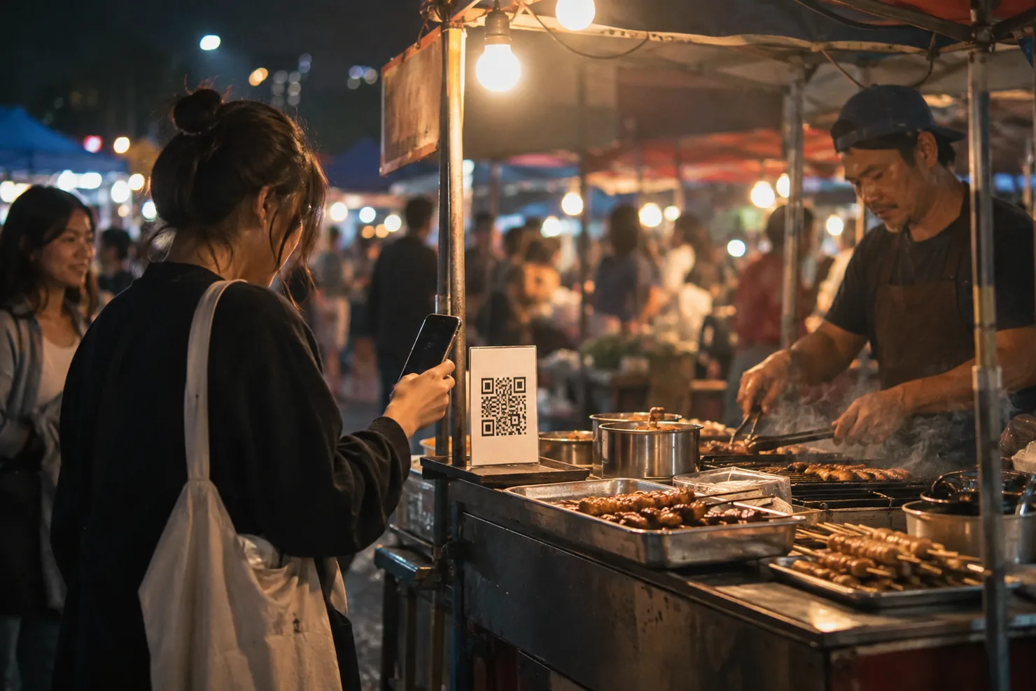 A street cart at night in Medellín with a small QR sign, a customer holding up a phone to pay