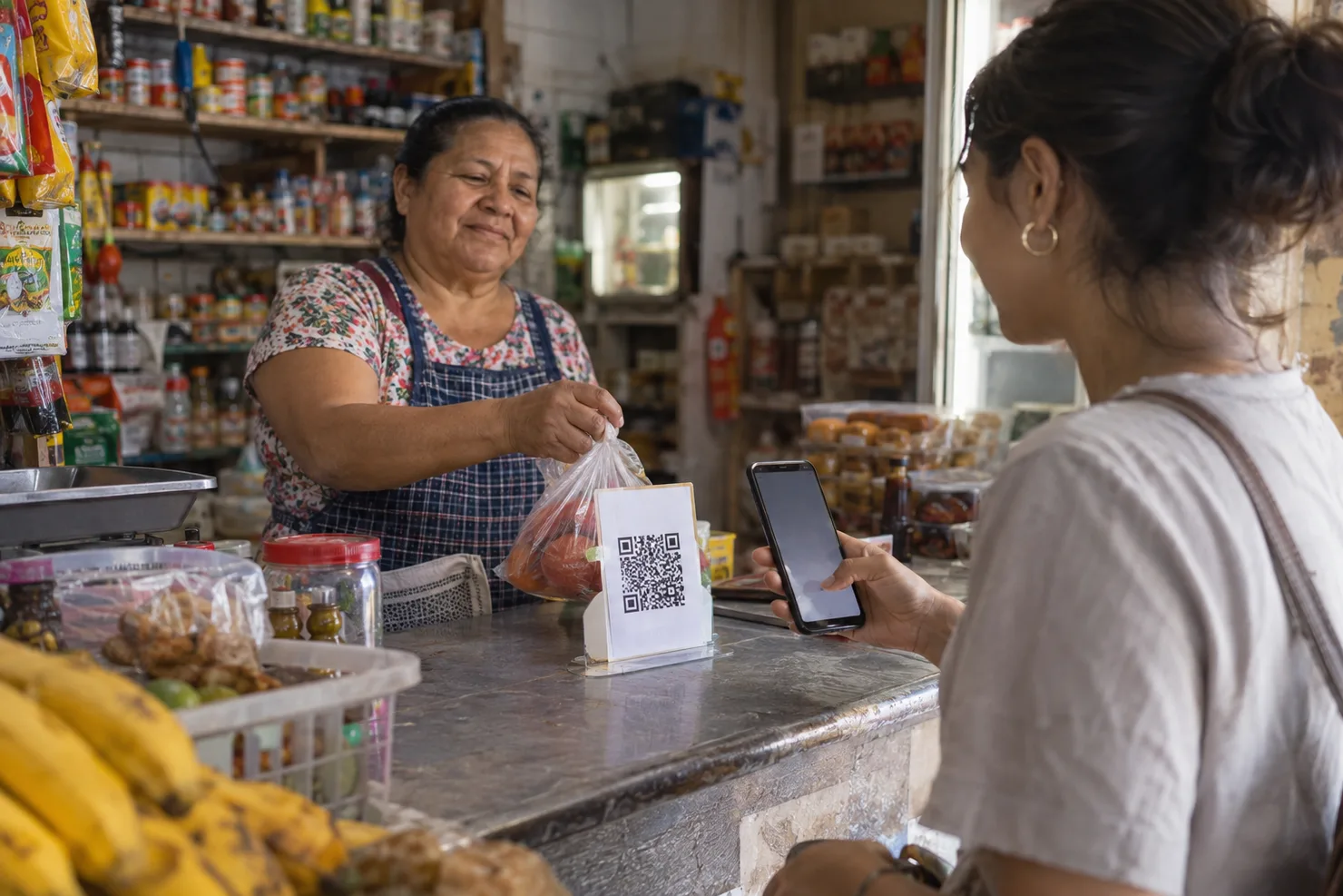 A tienda counter in Medellín with a printed QR taped beside the register, the shopkeeper's hands on the counter