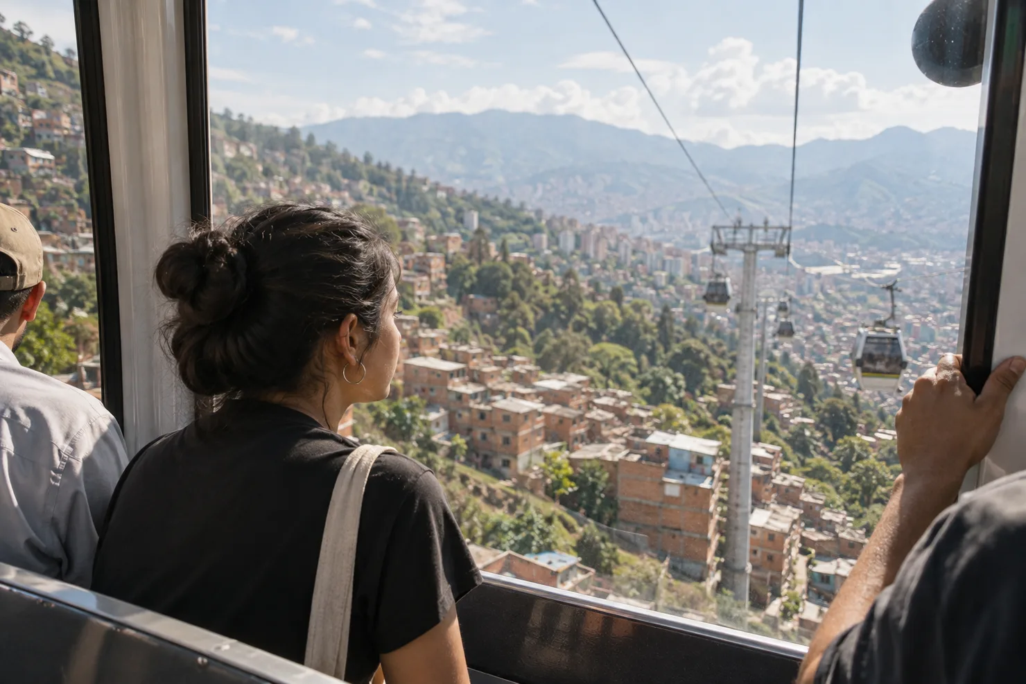 Inside a Metrocable cabin looking down over the brick rooftops of Santo Domingo, the city floor far below
